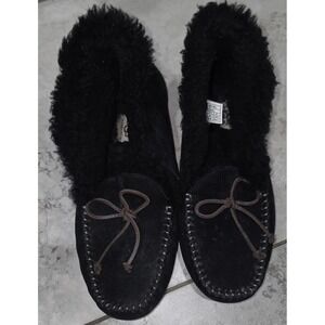 UGG Alena Black Suede Moccasin Slippers Sheepskin Shearling Lined Womens Sz 10